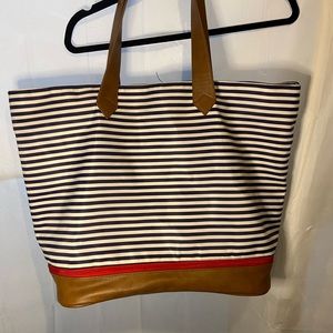 Blue White Stripe Picnic Beach Bag Faux Leather Canvas Expansion